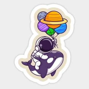 Cute Astronaut And Whale Floating With Planet Balloon In  Space Cartoon Sticker